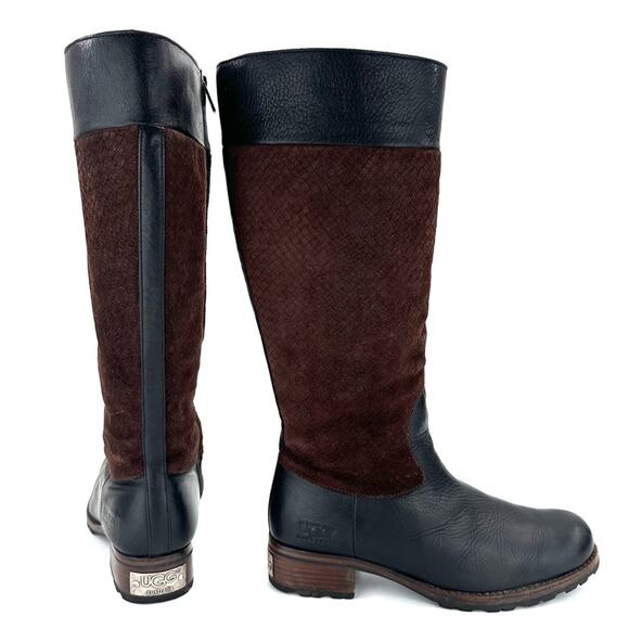 Ugg Australia Knee High Winter Boots Sz 11 Black Leather Brown Suede Wool Lining - Picture 13 of 15
